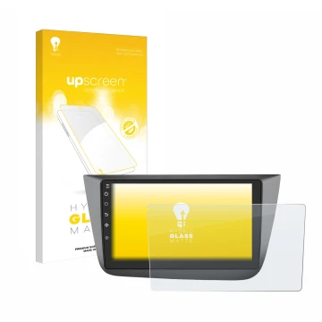 Parte frontal de un envase de producto con el logotipo de la marca upscreen. Al lado se muestra el dispositivo Topway Android 