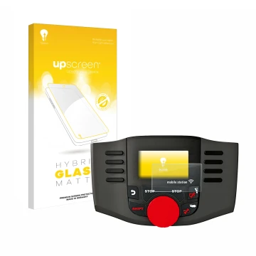 Parte frontal de un envase de producto con el logotipo de la marca upscreen. Al lado se muestra el dispositivo Märklin Mobile 