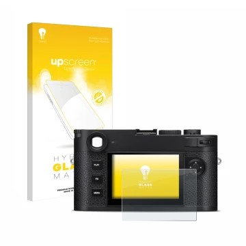 Parte frontal de un envase de producto con el logotipo de la marca upscreen. Al lado se muestra el dispositivo Leica M11-P con