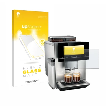Parte frontal de un envase de producto con el logotipo de la marca upscreen. Al lado se muestra el dispositivo Siemens EQ900 T