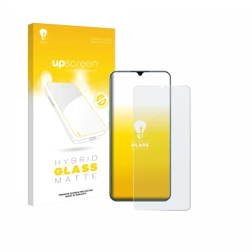 Parte frontal de un envase de producto con el logotipo de la marca upscreen. Al lado se muestra el dispositivo Oppo A78 5G con