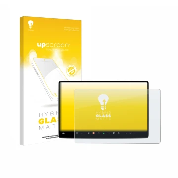 Parte frontal de un envase de producto con el logotipo de la marca upscreen. Al lado se muestra el dispositivo Tesla Model 3 2