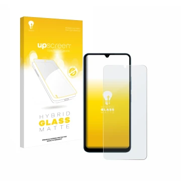 Parte frontal de un envase de producto con el logotipo de la marca upscreen. Al lado se muestra el dispositivo Xiaomi Redmi 13