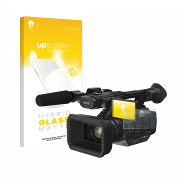 Parte frontal de un envase de producto con el logotipo de la marca upscreen. Al lado se muestra el dispositivo Panasonic HC-X2