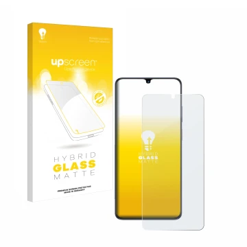 Parte frontal de un envase de producto con el logotipo de la marca upscreen. Al lado se muestra el dispositivo ZTE Blade V50 V