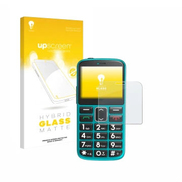 Parte frontal de un envase de producto con el logotipo de la marca upscreen. Al lado se muestra el dispositivo Uleway Senioren