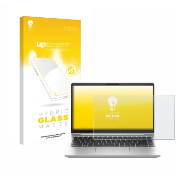 Parte frontal de un envase de producto con el logotipo de la marca upscreen. Al lado se muestra el dispositivo HP ProBook 445 