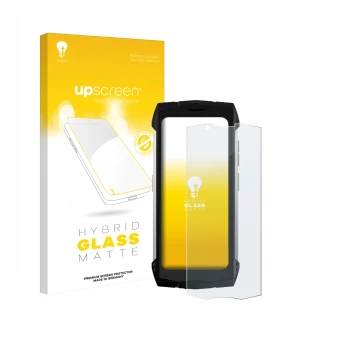 Parte frontal de un envase de producto con el logotipo de la marca upscreen. Al lado se muestra el dispositivo Doogee S Mini c