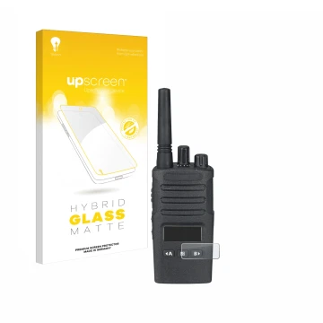 Parte frontal de un envase de producto con el logotipo de la marca upscreen. Al lado se muestra el dispositivo Motorola XT460 