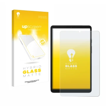 Parte frontal de un envase de producto con el logotipo de la marca upscreen. Al lado se muestra el dispositivo Samsung Galaxy 