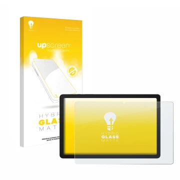 Parte frontal de un envase de producto con el logotipo de la marca upscreen. Al lado se muestra el dispositivo Samsung Galaxy 