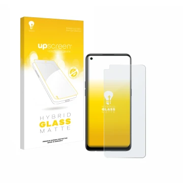 Parte frontal de un envase de producto con el logotipo de la marca upscreen. Al lado se muestra el dispositivo Oppo Reno 8T co