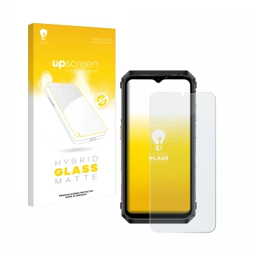 Parte frontal de un envase de producto con el logotipo de la marca upscreen. Al lado se muestra el dispositivo Ulefone Power A