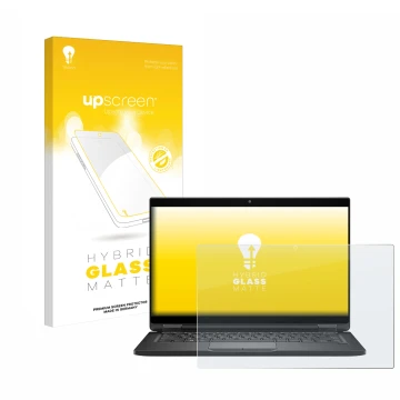 Parte frontal de un envase de producto con el logotipo de la marca upscreen. Al lado se muestra el dispositivo Dell Latitude 7