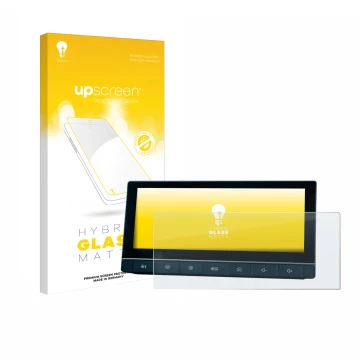 Parte frontal de un envase de producto con el logotipo de la marca upscreen. Al lado se muestra el dispositivo MG 5 IPS-HD 10.