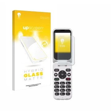 Parte frontal de un envase de producto con el logotipo de la marca upscreen. Al lado se muestra el dispositivo Doro 6820 con s