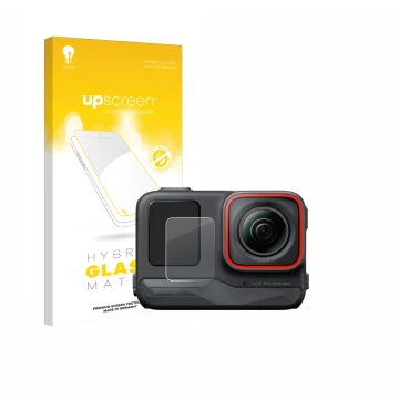 Parte frontal de un envase de producto con el logotipo de la marca upscreen. Al lado se muestra el dispositivo Insta360 Ace Pr