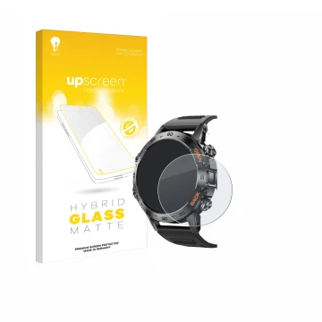 Parte frontal de un envase de producto con el logotipo de la marca upscreen. Al lado se muestra el dispositivo Lemfo Smartwatc