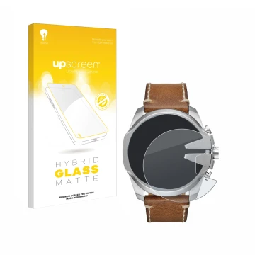 Parte frontal de un envase de producto con el logotipo de la marca upscreen. Al lado se muestra el dispositivo Diesel Mega Chi