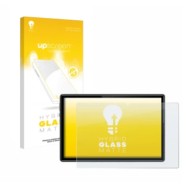 Parte frontal de un envase de producto con el logotipo de la marca upscreen. Al lado se muestra el dispositivo Doogee U10 con 