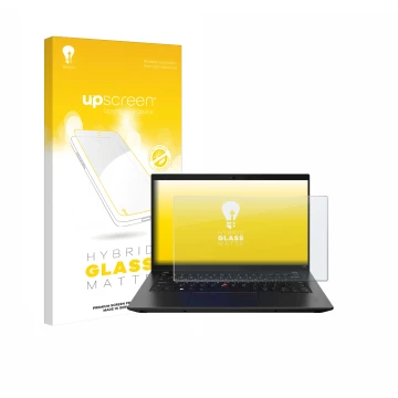 Parte frontal de un envase de producto con el logotipo de la marca upscreen. Al lado se muestra el dispositivo Lenovo ThinkPad