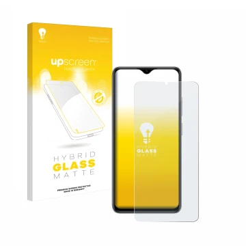 Parte frontal de un envase de producto con el logotipo de la marca upscreen. Al lado se muestra el dispositivo ZTE Blade A73 c