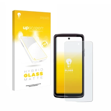 Parte frontal de un envase de producto con el logotipo de la marca upscreen. Al lado se muestra el dispositivo Crosscall Stell