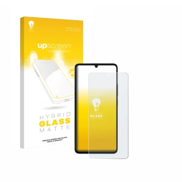 Parte frontal de un envase de producto con el logotipo de la marca upscreen. Al lado se muestra el dispositivo Xiaomi Poco X6 