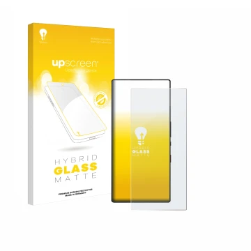 Parte frontal de un envase de producto con el logotipo de la marca upscreen. Al lado se muestra el dispositivo ZTE Nubia Red M