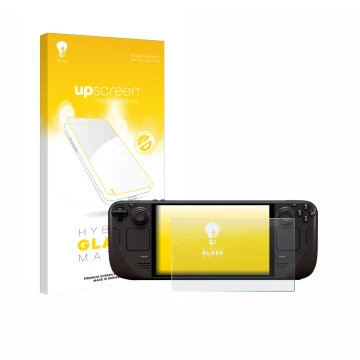 Parte frontal de un envase de producto con el logotipo de la marca upscreen. Al lado se muestra el dispositivo Valve Steam Dec