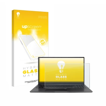 Parte frontal de un envase de producto con el logotipo de la marca upscreen. Al lado se muestra el dispositivo ASUS Vivobook 1