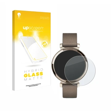 Parte frontal de un envase de producto con el logotipo de la marca upscreen. Al lado se muestra el dispositivo Garmin Lily 2 c