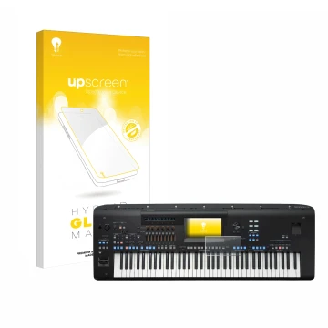 Parte frontal de un envase de producto con el logotipo de la marca upscreen. Al lado se muestra el dispositivo Yamaha Genos2 c