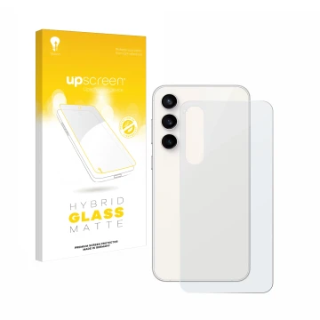 Parte frontal de un envase de producto con el logotipo de la marca upscreen. Al lado se muestra el dispositivo Samsung Galaxy 