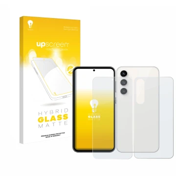 Parte frontal de un envase de producto con el logotipo de la marca upscreen. Al lado se muestra el dispositivo Samsung Galaxy 