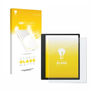 Parte frontal de un envase de producto con el logotipo de la marca upscreen. Al lado se muestra el dispositivo Boox Tab Ultra 