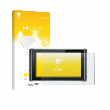 Parte frontal de un envase de producto con el logotipo de la marca upscreen. Al lado se muestra el dispositivo Hugerock X7 con