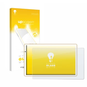Parte frontal de un envase de producto con el logotipo de la marca upscreen. Al lado se muestra el dispositivo Facetel Q3 con 