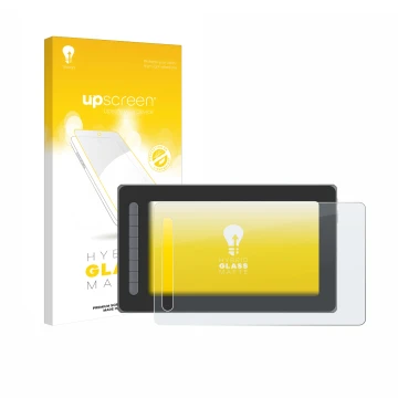 Parte frontal de un envase de producto con el logotipo de la marca upscreen. Al lado se muestra el dispositivo XP-Pen Artist 1