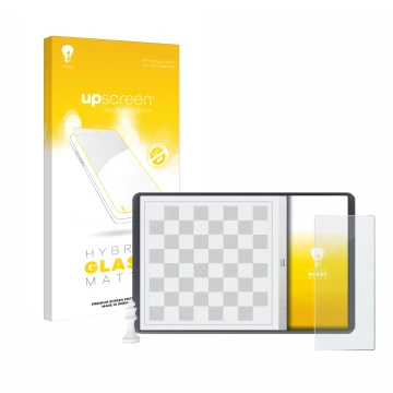 Parte frontal de un envase de producto con el logotipo de la marca upscreen. Al lado se muestra el dispositivo Chessnut Evo co