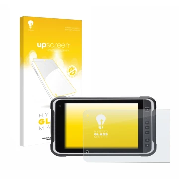 Parte frontal de un envase de producto con el logotipo de la marca upscreen. Al lado se muestra el dispositivo Handheld Algiz 