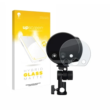 Parte frontal de un envase de producto con el logotipo de la marca upscreen. Al lado se muestra el dispositivo Profoto B10X co