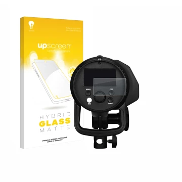 Parte frontal de un envase de producto con el logotipo de la marca upscreen. Al lado se muestra el dispositivo Profoto B1X con