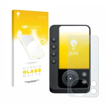 Parte frontal de un envase de producto con el logotipo de la marca upscreen. Al lado se muestra el dispositivo Profoto Connect