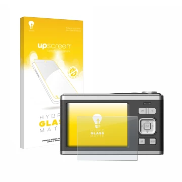 Parte frontal de un envase de producto con el logotipo de la marca upscreen. Al lado se muestra el dispositivo Rollei Compactl