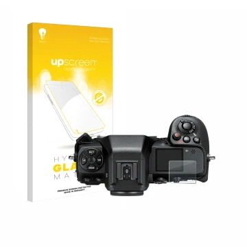 Parte frontal de un envase de producto con el logotipo de la marca upscreen. Al lado se muestra el dispositivo Nikon Z 8 (pant