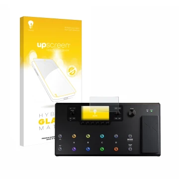 Parte frontal de un envase de producto con el logotipo de la marca upscreen. Al lado se muestra el dispositivo Line 6 Helix LT