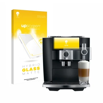 Parte frontal de un envase de producto con el logotipo de la marca upscreen. Al lado se muestra el dispositivo Jura J8 twin co