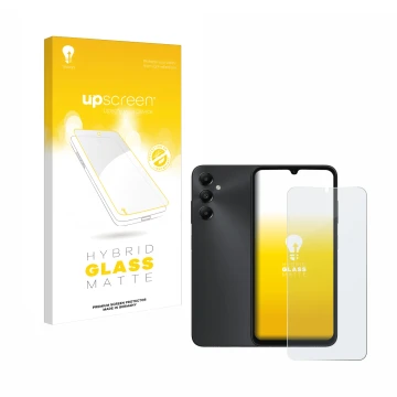 Parte frontal de un envase de producto con el logotipo de la marca upscreen. Al lado se muestra el dispositivo Samsung Galaxy 