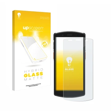 Parte frontal de un envase de producto con el logotipo de la marca upscreen. Al lado se muestra el dispositivo Urovo CT58 con 